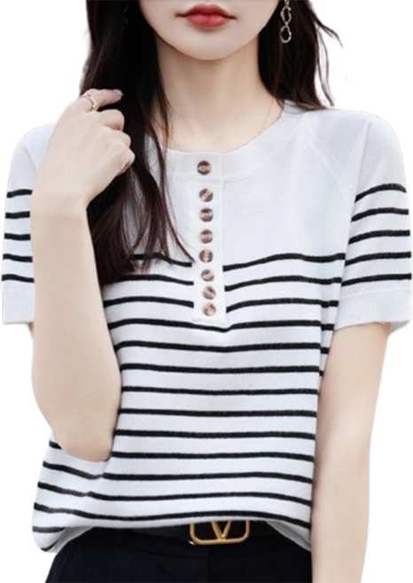 스트라이프 니트 반팔 티셔츠 여성 패션 단추 빅사이즈 여름 상의 라운드 루즈핏