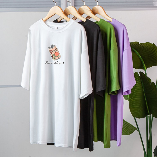 스타일아유 핑크캔 오버핏 반팔티 여성용 롱 빅사이즈 박시 반팔티셔츠 반팔 티셔츠