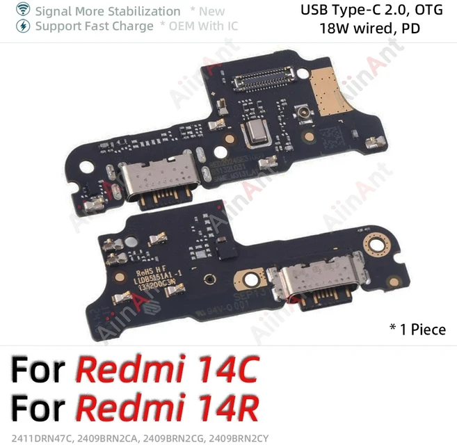 호환 샤오미 레드미 노트 14 프로 플러스 5G용 하단 도크 USB 충전 보드 커넥터 케이블, 14 For 레드미 14C  14R