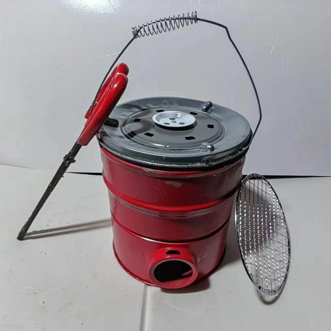 소형 화목난로 휴대용 연탄 난로 농가용 난방, 화덕+갈퀴+뚜껑+바비큐 그릴망, 기본 색상