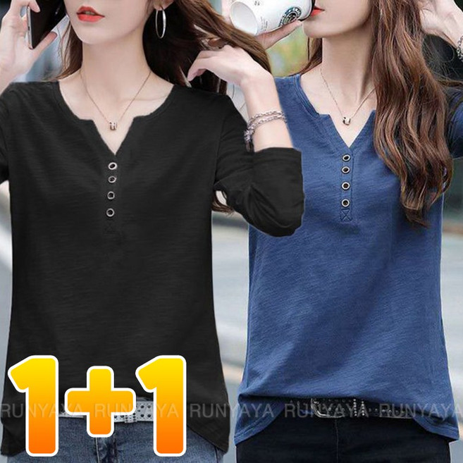 1+1 여성 순면 슬라브 긴팔 티셔츠 브이넥 루즈핏 캐주얼 데일리 D99U