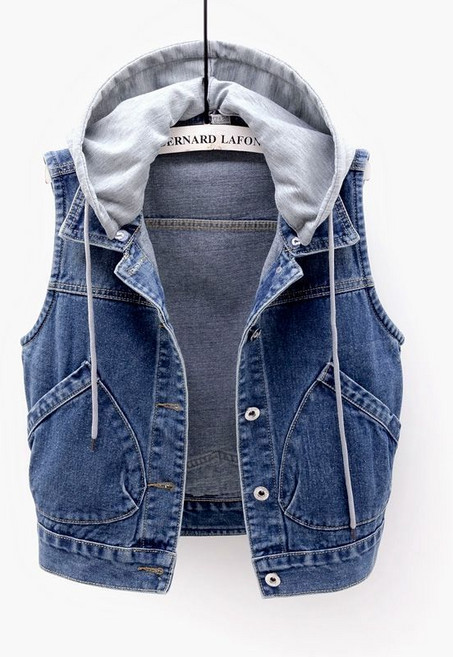 lofei 여성 데님 미디 후드 조끼 레이어드 베스트 MJ10