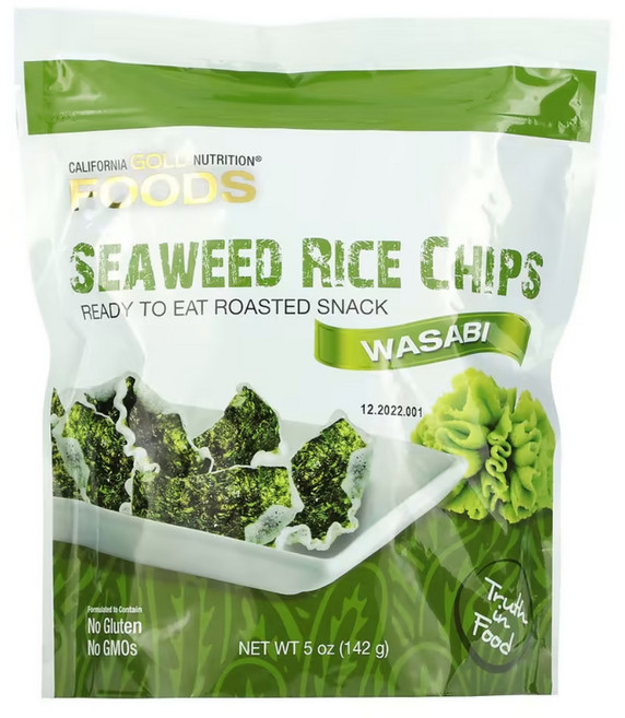 캘리포니아 골드 뉴트리션 해초 쌀 칩 와사비 142g(5oz) 칼슘 식이섬유 찹쌀 나트륨 Sodium 해초 스낵 김 과자 와사비 시즈닝 옥수수오일 서양 고추냉이 분말, 142g, 1개