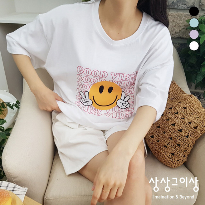 상상그이상 여성용 국내제작 라운드넥 브이 스마일 반팔 티셔츠 프린팅 포인트 체형 커버 해주는 루즈핏 캐주얼 데일리룩