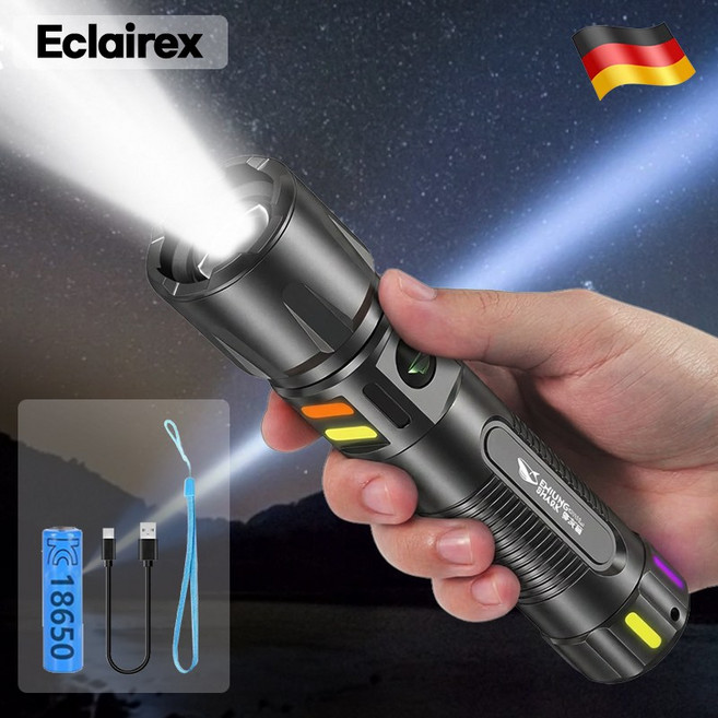 Eclairex 초강력 led 손전등 서치라이트 충전식 후레쉬, 블랙, 1개
