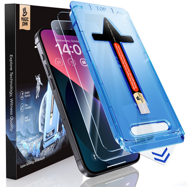MAGIC JOHN 매직존 아이폰적용 고투명 고화질 휴대폰 액정보호필름 지문방지 먼지제거 풀커버+부착키트 2매입, 1세트