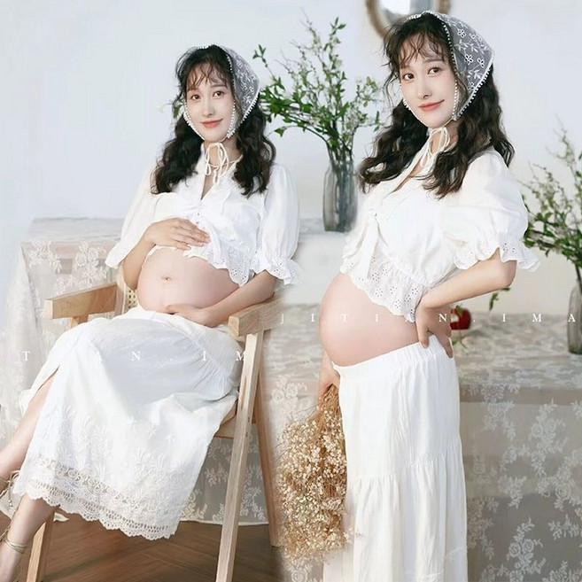만삭사진 셀프 촬영 드레스 주수사진 임부복 원피스, 52 헤드스카프 상의+스커트