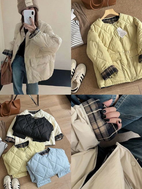 菱格紋鋪棉外套 圓領 格紋內襯