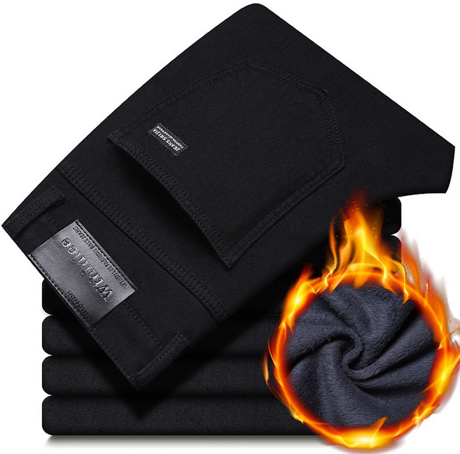 WTHINLEE 겨울 남성 블랙 스트레이트 스트레치 데님 두꺼운 벨벳 바지 따뜻한 청바지 캐주얼 플리스 라인 바지 남성 플러스 사이즈