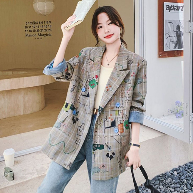 ROYALBELLE 여성 그래피티 체크 프린트 정장 자켓 고급 루즈핏 카라넥 긴팔 점퍼 Z01022401