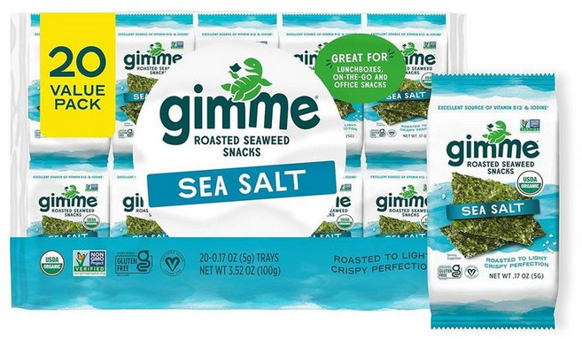 김미 오가닉로스티드김 시솔트 4.8g 20개입 김스낵 키토 비건 건강간식 gimMe Organic Roasted Seaweed Sea Salt 0.17oz Pack of 20, 1개