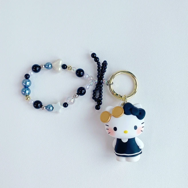 산리오 캐릭터 정품 비즈 피규어 키링 키홀더 열쇠고리, 블랙 리본 키티, 1개