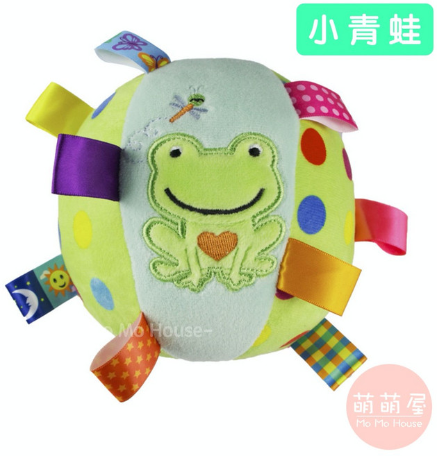 萌萌屋 嬰幼兒超柔鈴鐺手抓球 標籤布球玩具 青蛙猴子貓咪款, 1個, 小青蛙