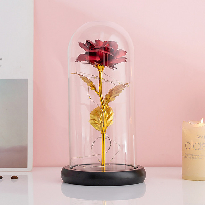 Clybo 영생화 유리커버 장미꽃 발광 크리스마스 발렌타인 선물, 레드+램프+받침