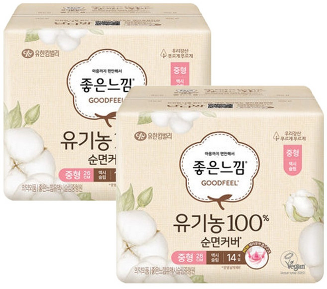 좋은느낌 유기농 순면커버 맥시 슬림 생리대 날개형, 중형, 14개입, 2개