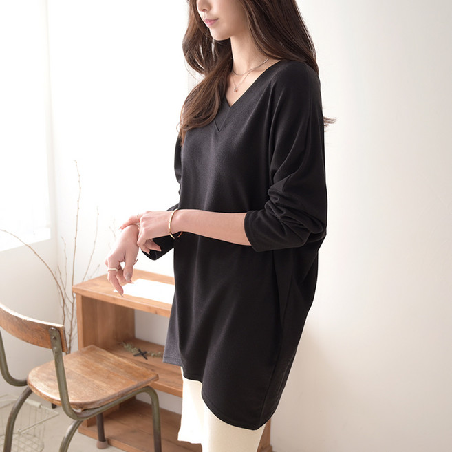 데일리앤 브레아 여성 봄 브이넥 루즈핏 긴팔 가오리 박스 롱 티셔츠