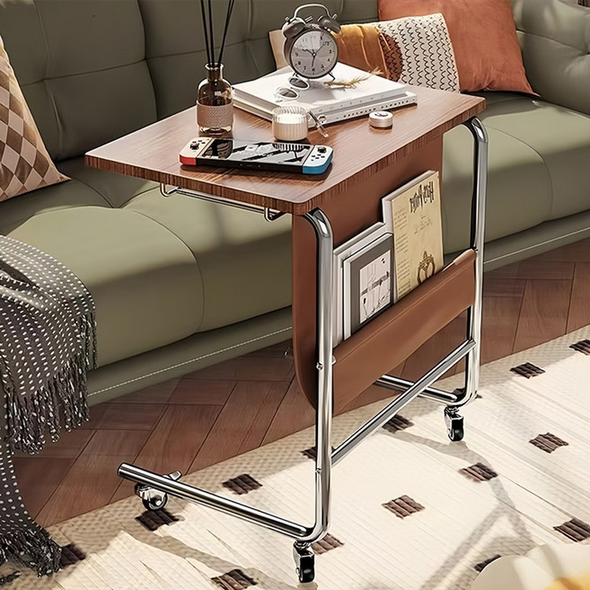 하루꿈 이동식 C자형 사이드 테이블 쇼파 침대 감성 보조 책상 홈카페 바퀴형 노트복 빈티지 책상, 브라운