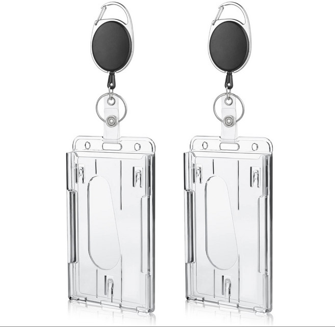 [매일마켓] 폴리카보네이드소재 내구성 뛰어난 투명하드 듀얼 카드홀더 + 릴 스트랩 분실방지 (학생증/사원증/교통카드/아파트출입카드/어르신신용카드분실방지), 2개, 세로