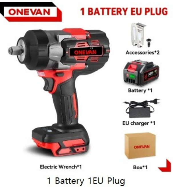 전동 라쳇 ONEVAN 2800N.M 2800W 브러시리스 전기 임팩트 렌치 Makita 18V 배터리 용 12 인치 무선 토크 스크루 드라이버 도구, 1 Battery 1EU Plug, 1개