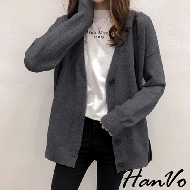HanVo 落肩V領寬鬆針織外套