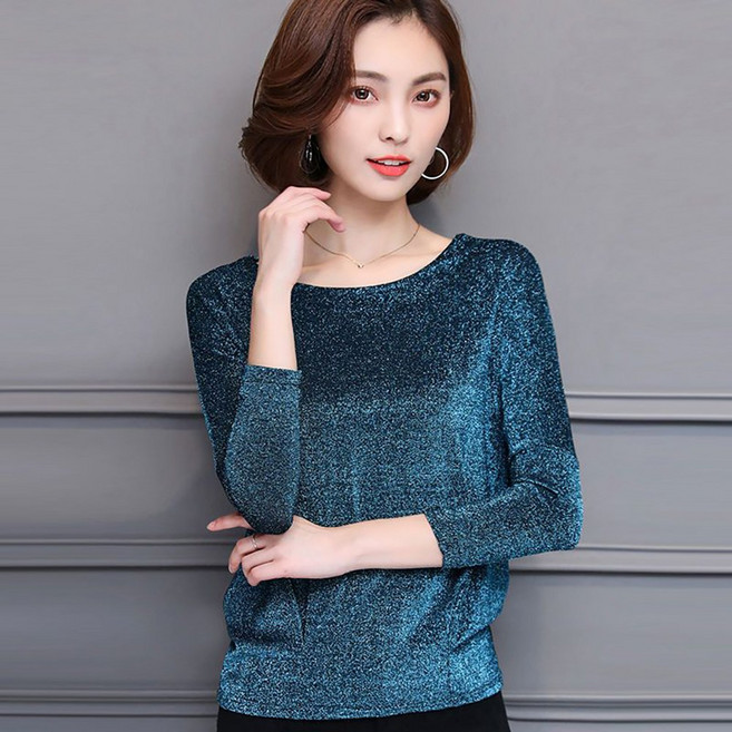 ROYALBELLE 여성 반짝이 심플 티셔츠 슬림핏 데일리 베이직 긴팔 티셔츠 M01012009