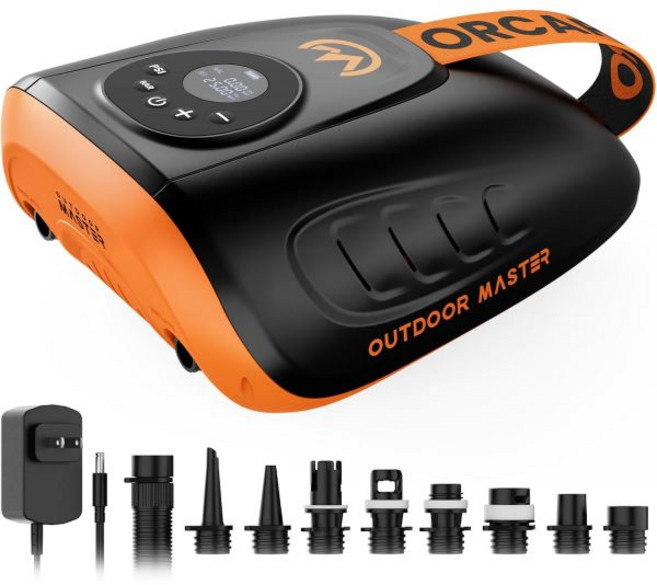 아웃도어마스터 25PSI 고압 74Wh 충전식 SUP 에어 펌프 전기 ORCA PRO - 자동 꺼짐 및 감압 기능 팽창식 스탠드업 패들 보드 보트용 배터리, 1개