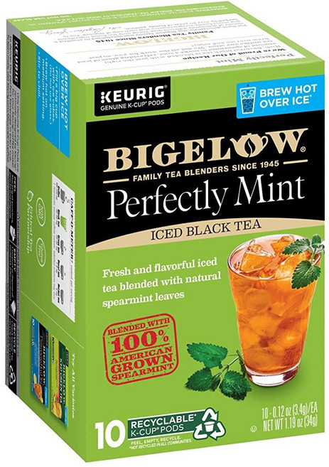 Bigelow Tea Unsweetened Perfectly Mint 아이스 홍차 큐리그 K 컵 포드 카페인 티 10개 박스 (6개 팩) 총 K-컵 포드 60개, Bigelow Tea Unsweetened Perfec, 3.4g