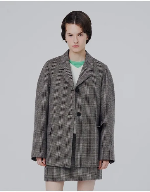 헤지스 HAZZYS 여성 브라운 체크 울혼방 긴팔자켓