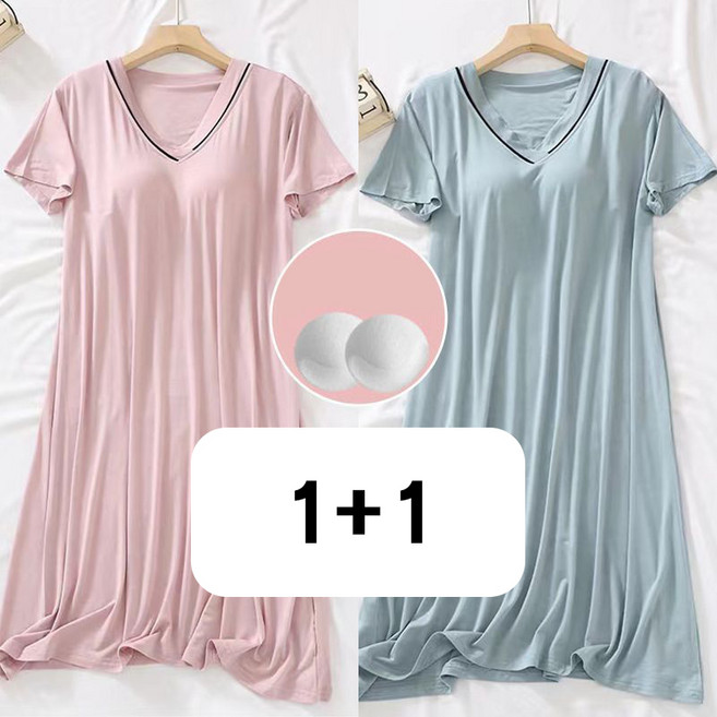 1+1 여성 반팔 잠옷 원피스 봄 여름 루즈핏 캡내장 일체형 파자마 캐주얼 솔리드 여자 얇은 실내복 WMY