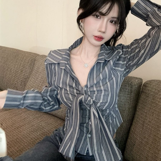 COSYEVNO 여성 봄가을 스트라이프 리본 타이 셔츠 슬림핏 블라우스 TZKxscs-8