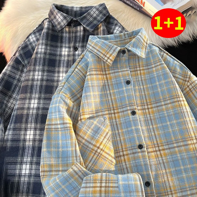 AOUGK 1+1 남성 오버핏 체크셔츠 캐주얼 긴팔 셔츠 빅사이즈 긴팔티 봄여름 남방티셔츠 XL~5XL