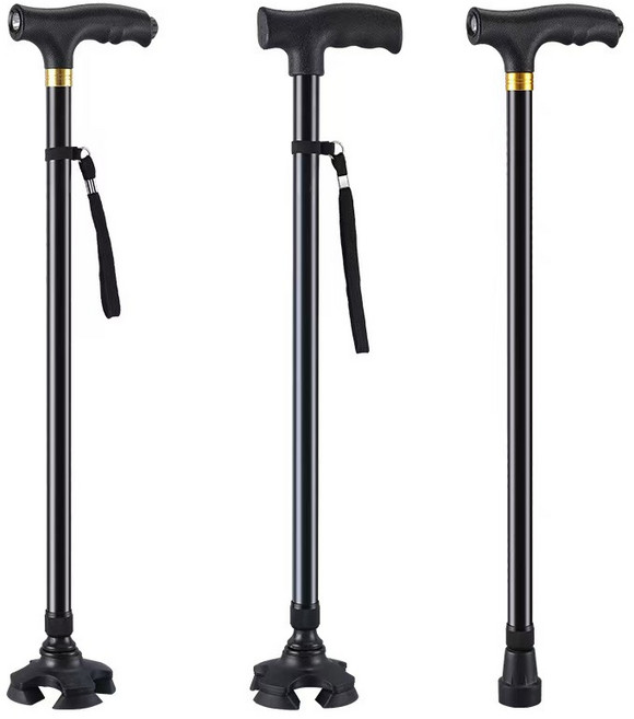 조이쥬드 미끄럼방지 노인 네발 접이식 지팡이, 블랙, 1개