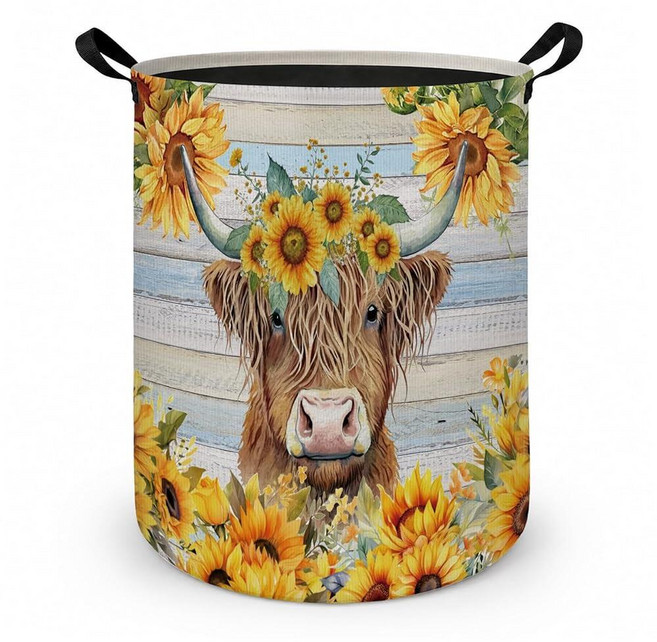Fyecoluo Rustic Sunflower Highland Cow Laundry Basket with Handles Farmhouse Floral Hamper 생활방수기능, Fyecoluo Rustic Sunflower High