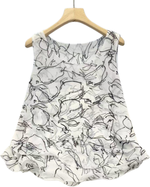 Makone 여성 플라워 프린트 쉬폰 민소매 티셔츠 A라인 루즈핏 물결밑단 캉캉 시원한 나시 블라우스