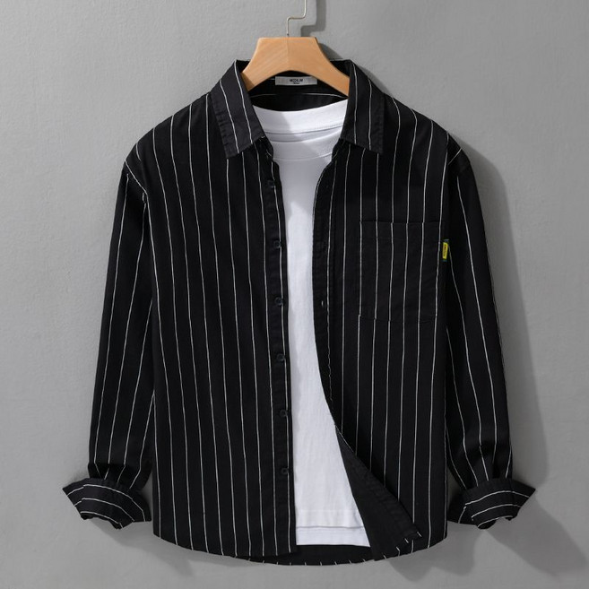 Makone 남성 심플 스트라이프 루즈핏 캐주얼 긴팔 셔츠 데일리룩