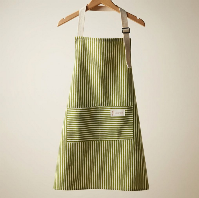 샵토피아 면 린넨 생활방수 길이조절 포켓 패브릭 심플 앞치마, 1개, 올리브 스트라이프