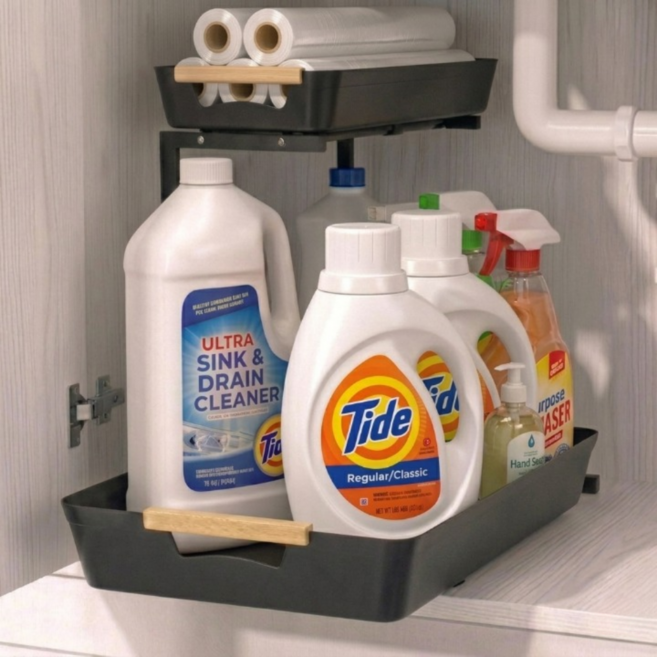 하루원픽 2단 슬라이딩 높이조절 주방 선반, 1개, 블랙