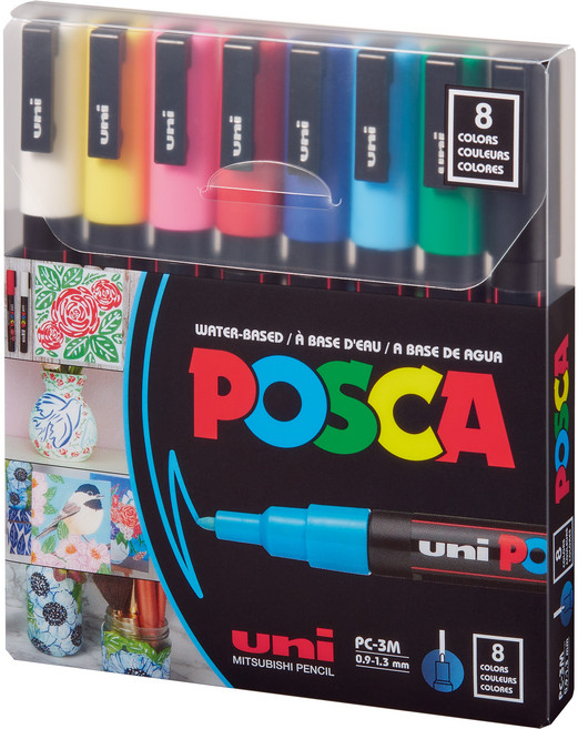유니 포스카 PC-3M 세트 수성페인트마카 얇은 글씨용 0.9~1.3mm 패키지변경, 8색, 1세트