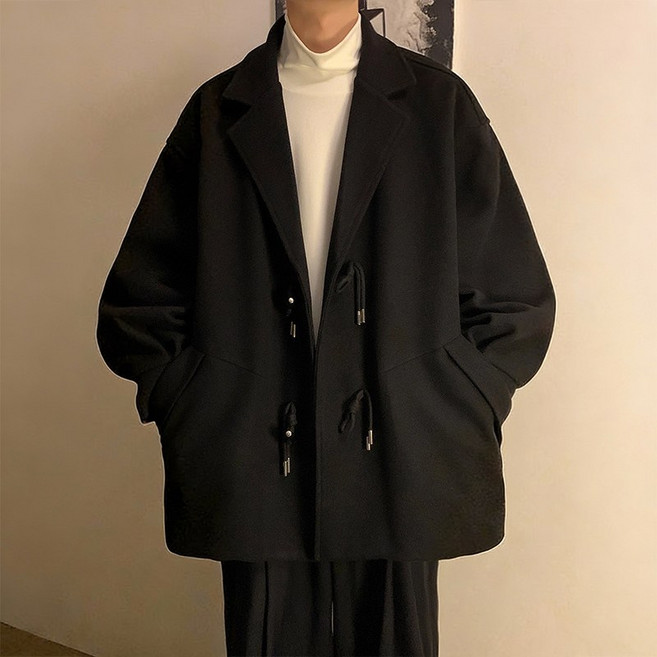 HOMASS 남성 모직 숏 더플 코트 가을겨울 릴렉스 핏 캐주얼 트렌치코트