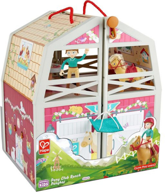 Hape Pony Ranch Barn 안정적 클럽 플레이 세트 인형 집 2층 키즈 간편한 운반 손잡이 포함, 1개
