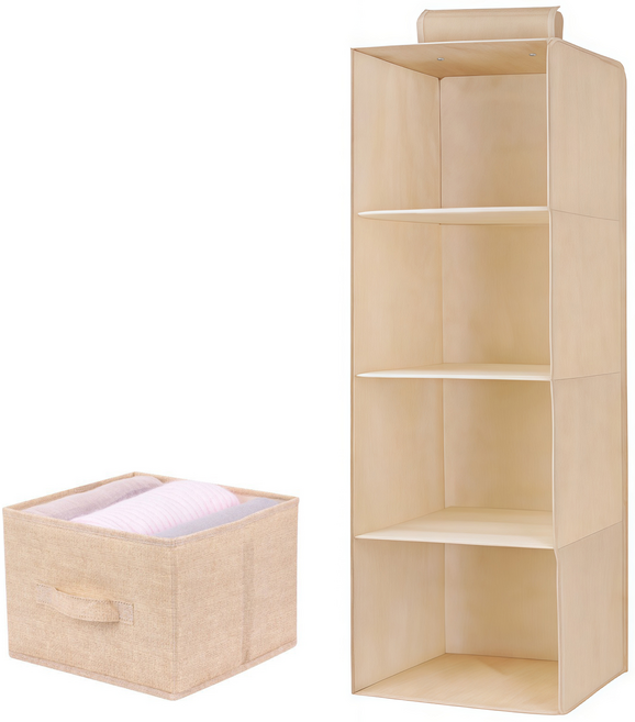 Gueray 접이식 4 칸 옷장 선반 공간절약 행잉오거나이저 티셔츠 모자정리 서랍함포함 패브릭, 1개, 패브릭 베이지