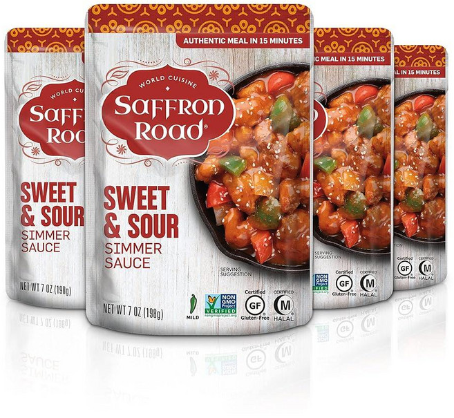 Saffron Road 새콤달콤한 시머 소스 | 전 세계에서 영감을 받은 글루텐 프리 비건 GMO 할랄 및 코셔 인증 198.4g(7온스) 파우치 4개 팩 219168, 7 Ounce (Pack of 4)