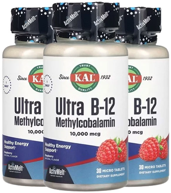 칼 울트라 B-12 메틸코발라민 라즈베리 10 000mcg 마이크로정 30 정, 3팩 - 쿠팡