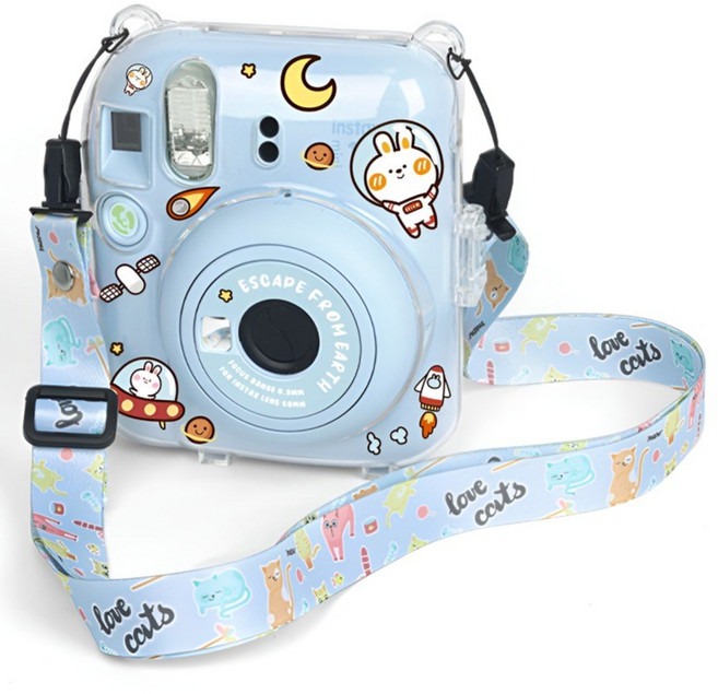 인스탁스 투명 미니 카메라 크리스탈 케이스 + 스티커 꾸미기 + 숄더스트랩 세트, 1세트, 인스탁스 mini12 크리스탈 케이스 블루