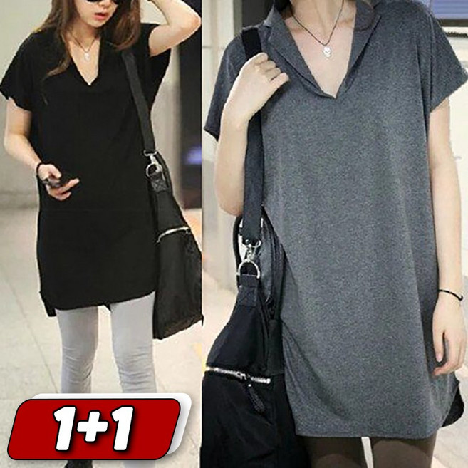 1+1 여성 후드 반팔 티셔츠 데일리 박시핏 오버핏 심플 날씬해보이는 롱티 레이어드 반팔티 상의 빅사이즈