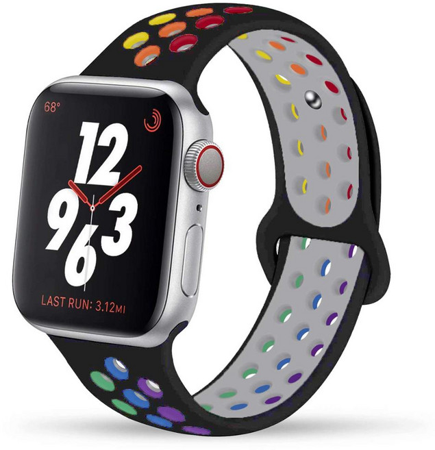 Fegwilde 애플워치 호환 실리콘 더블 컬러 실리콘 스포츠 스트랩 42/41/40/38/49/46/45/44mm 11 10 9 8 7 3 울트라1/2/3 SE1/2/3 밴드, 레인보우+블랙