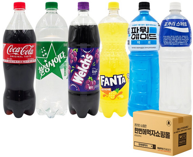 [한번에먹자] 1.25-1.5L 음료 혼합 / 코카콜라업소 + 칠성사이다업소 + 포카리스웨트 + 환타파인 + 파워에이드제로 + 웰치스포도 / 각1개씩 총6페트, 1.5L