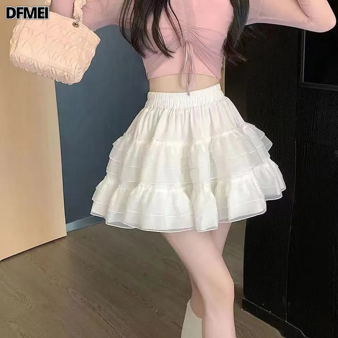 DFMEI 2025蕾絲蛋糕裙女短裙芭蕾風高腰白色網紗蓬學院風半身裙可愛