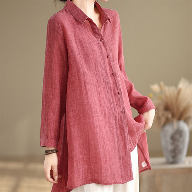 Vezri 여성 봄 가을 긴팔 셔츠 린넨 캐주얼 루즈핏 앞뒤 언발란스 롱 블라우스