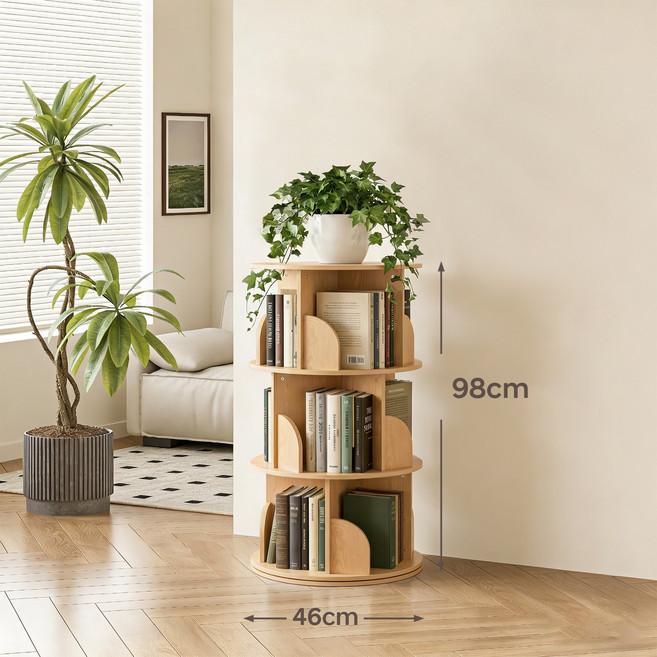 Paradoma 회전 책장 책꽂이 360도 대용량 거실책장 서재 원형 책장, 오크, 3단